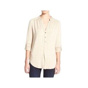 Amour Vert Elena Top Small Beige Notched V Neck Modal Jersey Knit Roll Tab